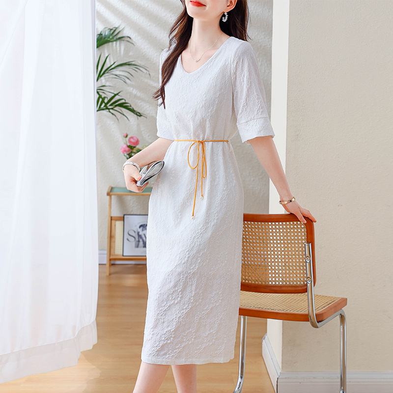 PF27862#夏季提花纯色连衣裙遮肉显瘦柔软透气V领白色中长裙女裝貨源服裝批發