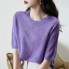 批发法国<b class='q'>尾</b><b class='q'>货</b>捡漏女装<b class='q'>品牌</b>折扣撤柜提花气质短袖款冰丝针织T恤上衣女