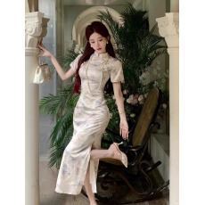 批发2026年新中式国风清冷感旗袍日常中国风温柔气质提花<b class='q'>连衣裙</b> 蓝茶