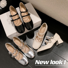 批发复古法式单鞋女2024新款秋季方头粗跟小皮鞋一字扣带低跟玛丽珍鞋