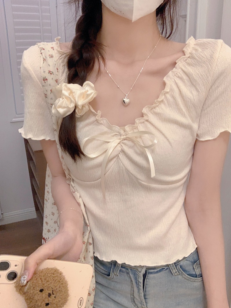 MY2185# 短袖t恤夏2025韩版女装潮流系带纯色修身正肩短款荷叶领上衣女裝貨源服裝批發