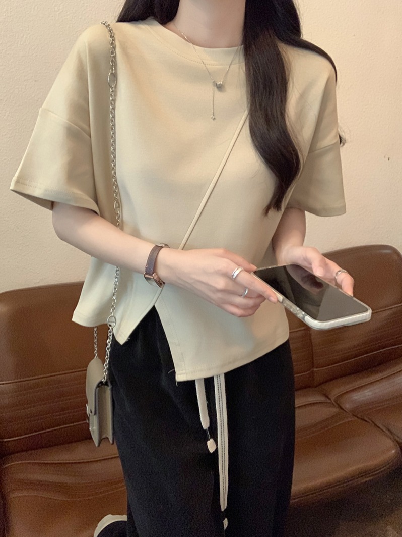 MY2173# 潮牌双纱短袖t恤2025女夏开叉纯色修身短款正肩圆领上衣女裝貨源服裝批發