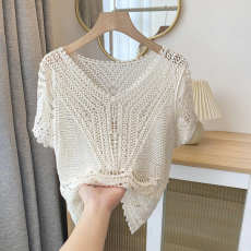批发实拍新款短袖设计感外搭罩衫V领镂空宽松短款慵懒风薄款针织衫