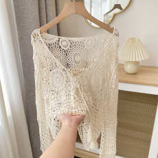 批发新款勾花镂空针织罩衫夏外搭波西米亚海边度假风长袖上衣防晒衫女