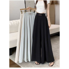 批发原版秋季<b class='q'>雪纺</b>盘扣高腰百褶垂感阔腿垂坠感收腰遮肚长款裙裤子潮