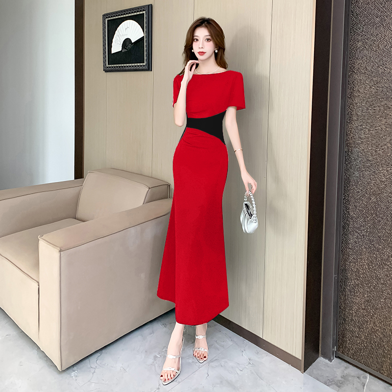 RY4337# 视频实拍2026夏季新款时髦洋气撞色拼接长裙包臀紧身连衣裙