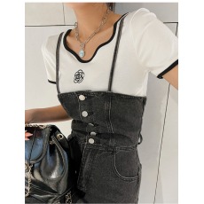 批发现 黑色吊带后背交叉绑带设计牛仔<b class='q'>连体裤</b>