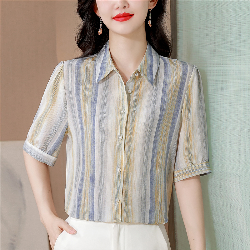 항저우 실크 셔츠 여성용 짧은 소매 2026 여름 드레스 새로운 패션 스트라이프 셔츠 품격 폴로 칼라 뽕나무 누에 실크 맨위