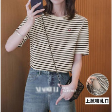 批发夏季哺乳条纹纯棉T恤产后辣妈百搭显瘦喂奶上衣月子期服短袖