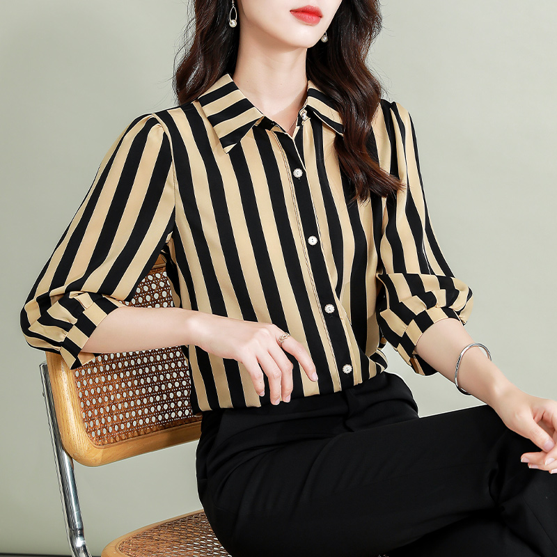 MY13706# 夏季新款高级感条纹显瘦时尚休闲百搭减龄七分袖上衣女女裝貨源服裝批發