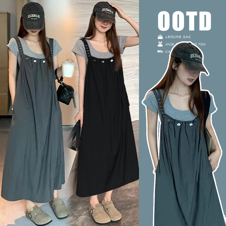 질량 2026 여름 새로운 임산부 넓은 다리 디자인 수 있습니다. 조정 멜빵 스커트 광장 칼라 맨위 투피스 세트