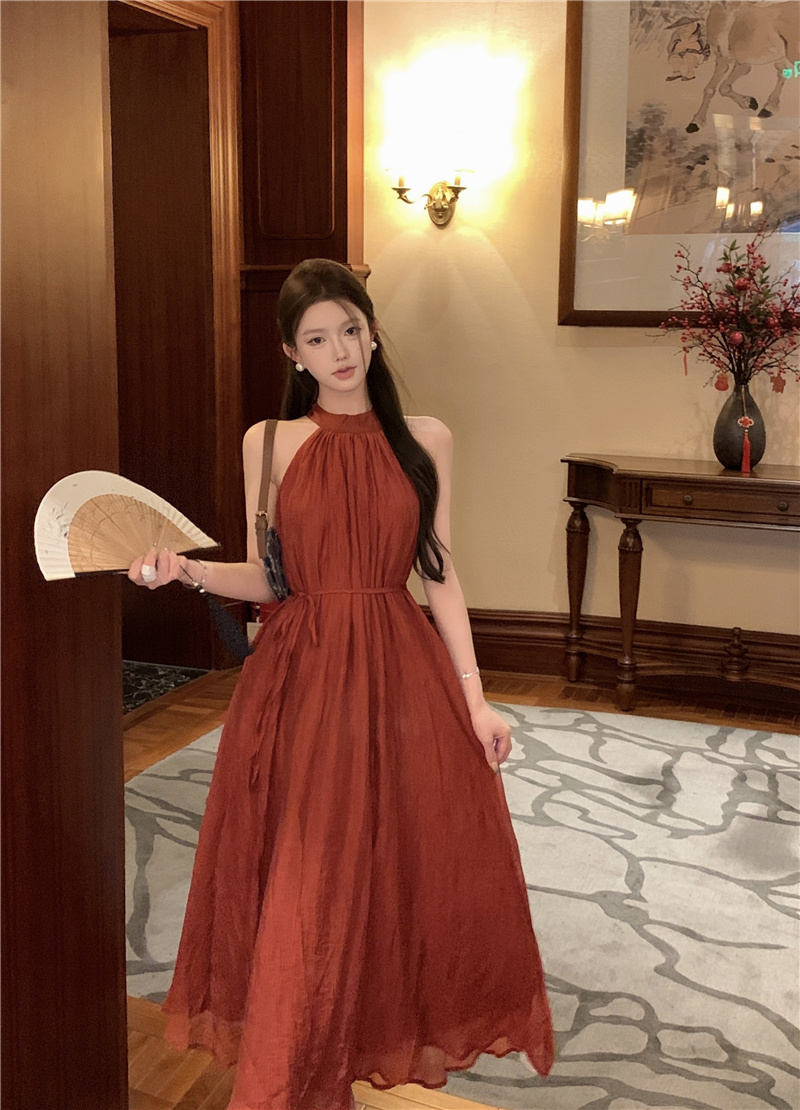 실사 우아한 똑똑한 루즈핏 느긋한 편안함 행침 목 치마 아이들 여름 프랑스식 민소매 허리 수축 스트랩 드레스