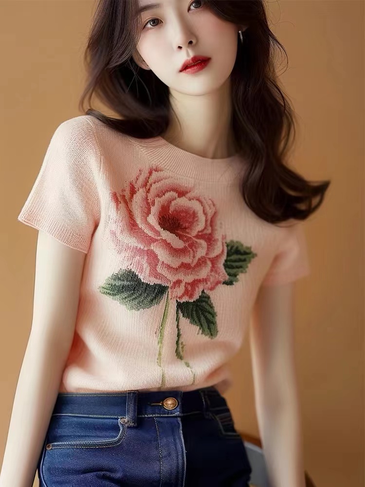 LN38665# 粉色玫瑰花朵印花针织短袖t恤女新款设计感夏季修身显瘦上衣 服裝批發女裝批發服飾貨源
