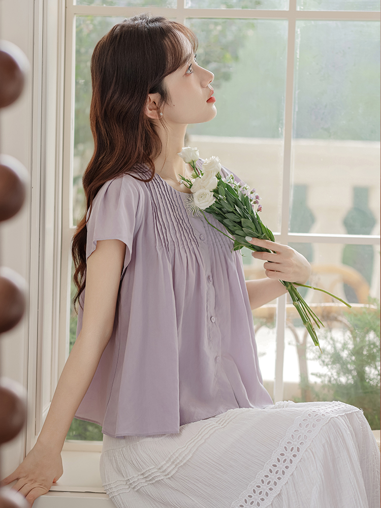 LN31620# 夏季新款宽松紫色开衫压褶短袖衬衫上衣女 服裝批發女裝批發服飾貨源