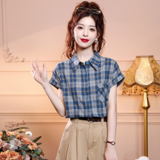 批发已出货蓝色格子<b class='q'>衬衫女</b><b class='q'>短袖</b>2026夏装新款女装复古宽松衬衣百搭上衣