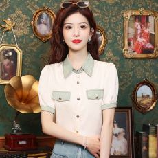 批发2026新款气质显瘦翻领<b class='q'>牛仔</b>拼接假口袋短袖雪纺衬衫女夏季薄款<b class='q'>上衣</b>