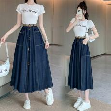 批发实拍大码女装2026春款<b class='q'>牛仔</b>半身<b class='q'>长裙</b>微胖MM显瘦大摆裙天丝<b class='q'>牛仔</b>裙