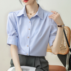 批发法式泡泡袖蓝色<b class='q'>衬衫</b>女2026夏季新款面试正装<b class='q'>职业</b>通勤短袖小众上衣
