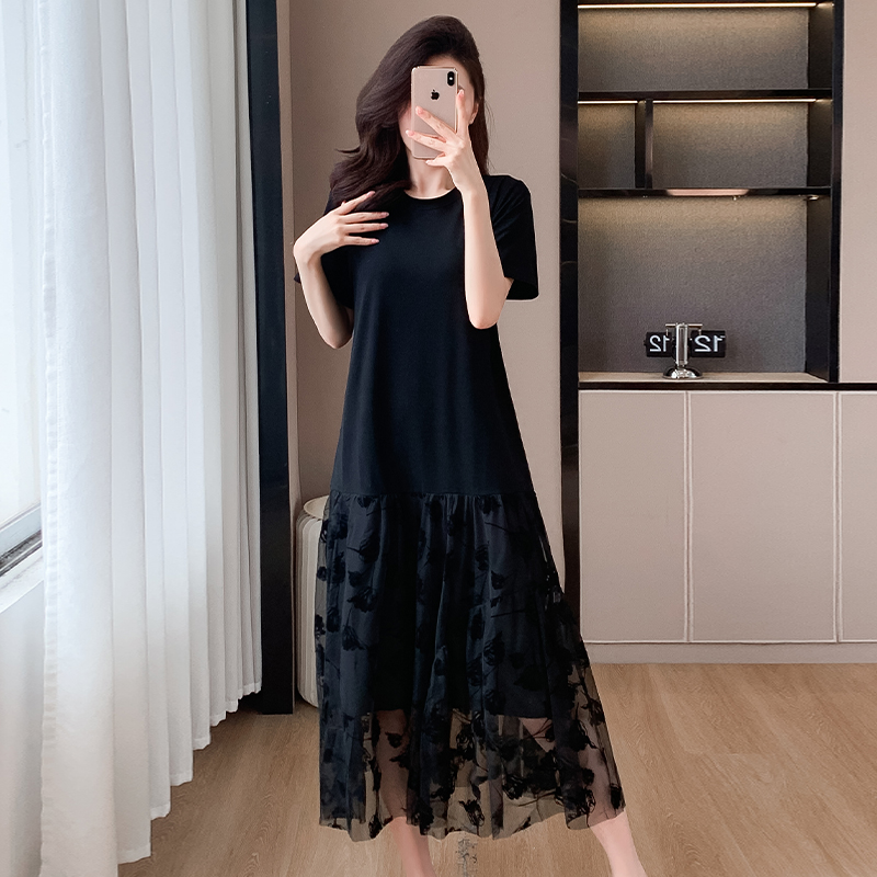 RY579# 洋气高级感网纱拼接T恤连衣裙2026新款女夏宽松遮肚显瘦长裙韩版