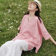 批发3250夏新款亚麻上衣文艺清新复古碎花宽松度假五分袖套头衫