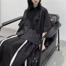 批发复古港风衬衫女夏短袖宽松大版不规则五分袖衬衣女设计感小众上衣