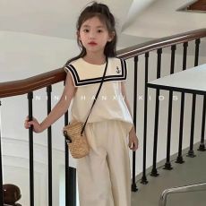 批发女童休闲套装夏季韩版儿童洋气海军领无袖上衣中大童阔腿裤两件套