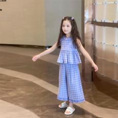 批发女童夏季套装2026新款中大儿童洋气格纹无袖阔腿裤两件套女孩时髦