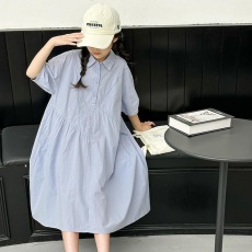 波拉韩国童装女童纯色衬衫裙2026夏季儿童学院风连衣裙宽松A字裙