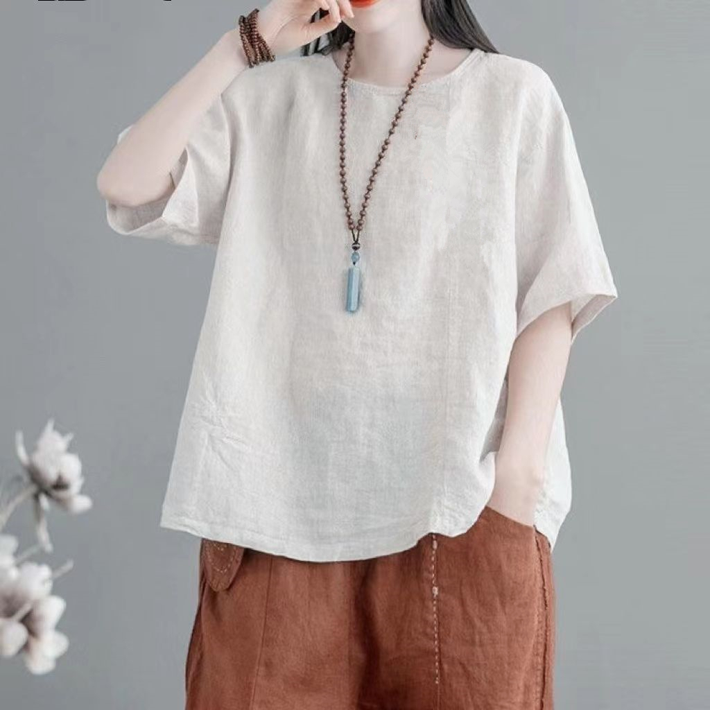 있음 선적 면 린넨 자수 캐주얼 여성 의류 여름 새로운 빅 사이즈 루즈핏 미니멀리즘 반팔 레트로 맨위 티셔츠
