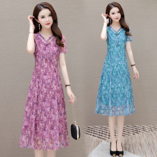 批发实拍有货 2026夏季新款大码短袖连衣裙<b class='q'>妈妈装</b>网纱裙高端大气