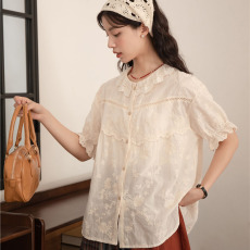 批发实拍2026夏季新款森系甜美复古花边领重工刺绣设计感短袖衬衫上衣