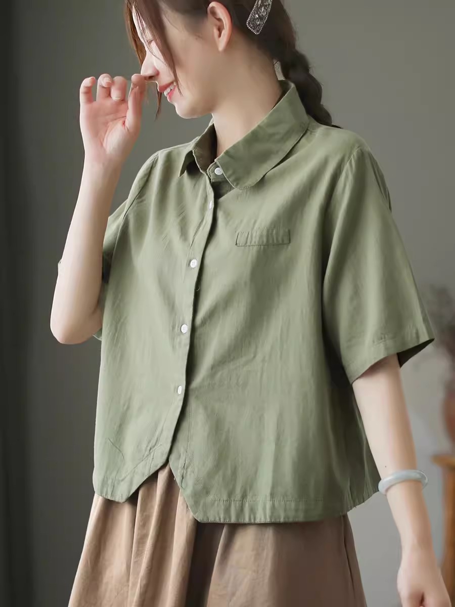 새로운 문예 사선 무늬 루즈핏 면 100% 단색 반팔 여성 셔츠 불규칙 프랑스식 품격 쇼트 스타일 맨위