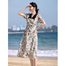 批发XWI/欣未法式复古<b class='q'>衬衫</b>领连衣裙女夏季优雅气质修身显瘦减龄<b class='q'>碎花</b>裙