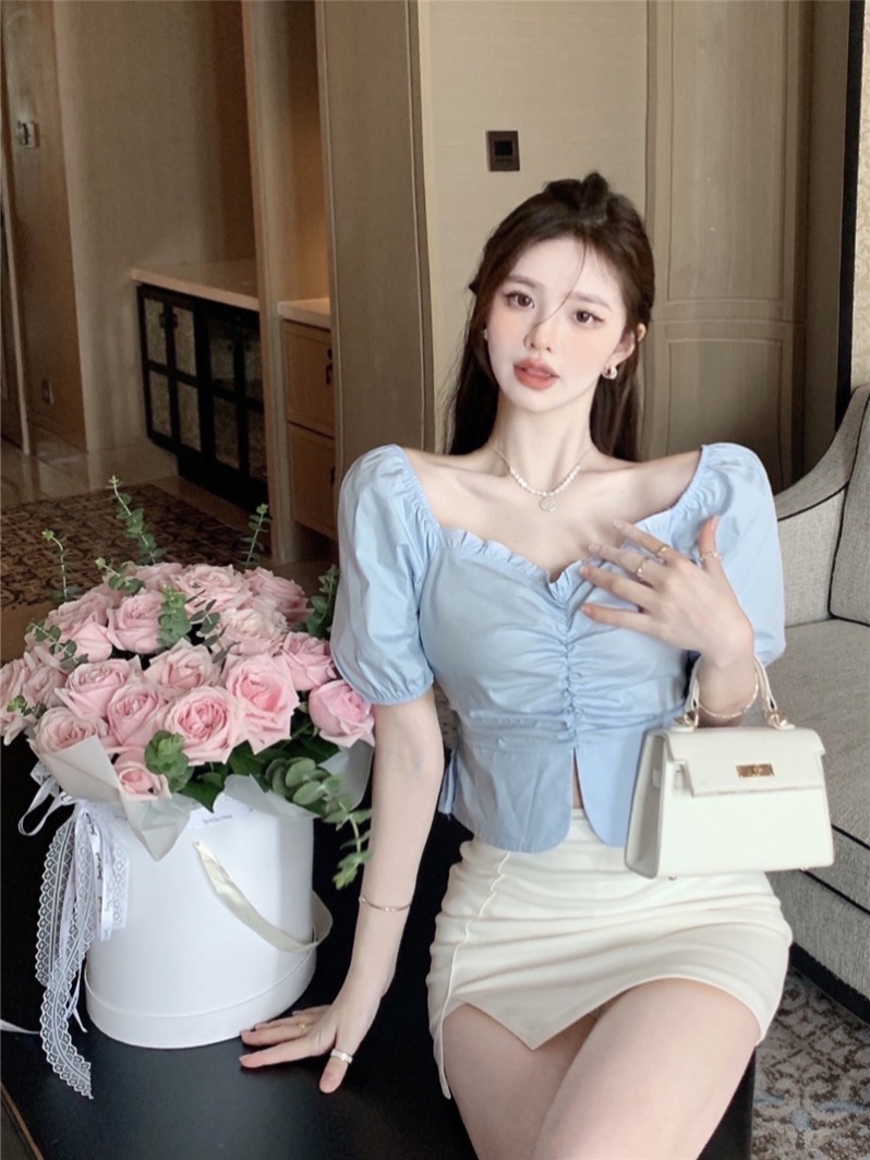 실사 정가 레트로 품격 광장 칼라 거품 소매 레이스 주름 오프숄더 디자인 센스 쇼트 스타일 셔츠