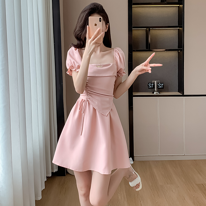 LN32798# 粉色小香风方领短袖连衣裙女夏季新款甜美法式假两件a字裙子 服裝批發女裝批發服飾貨源