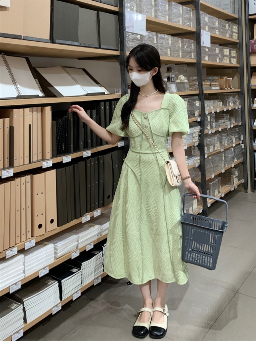 재고 있음 실사 프랑스식 광장 칼라 슬림해 보이는 드레스 우아함 질감 센스 품격 롱 스커트