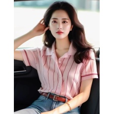 批发粉色竖条纹针织短袖t恤女夏季别致甜辣很仙的上衣Polo领正肩小衫