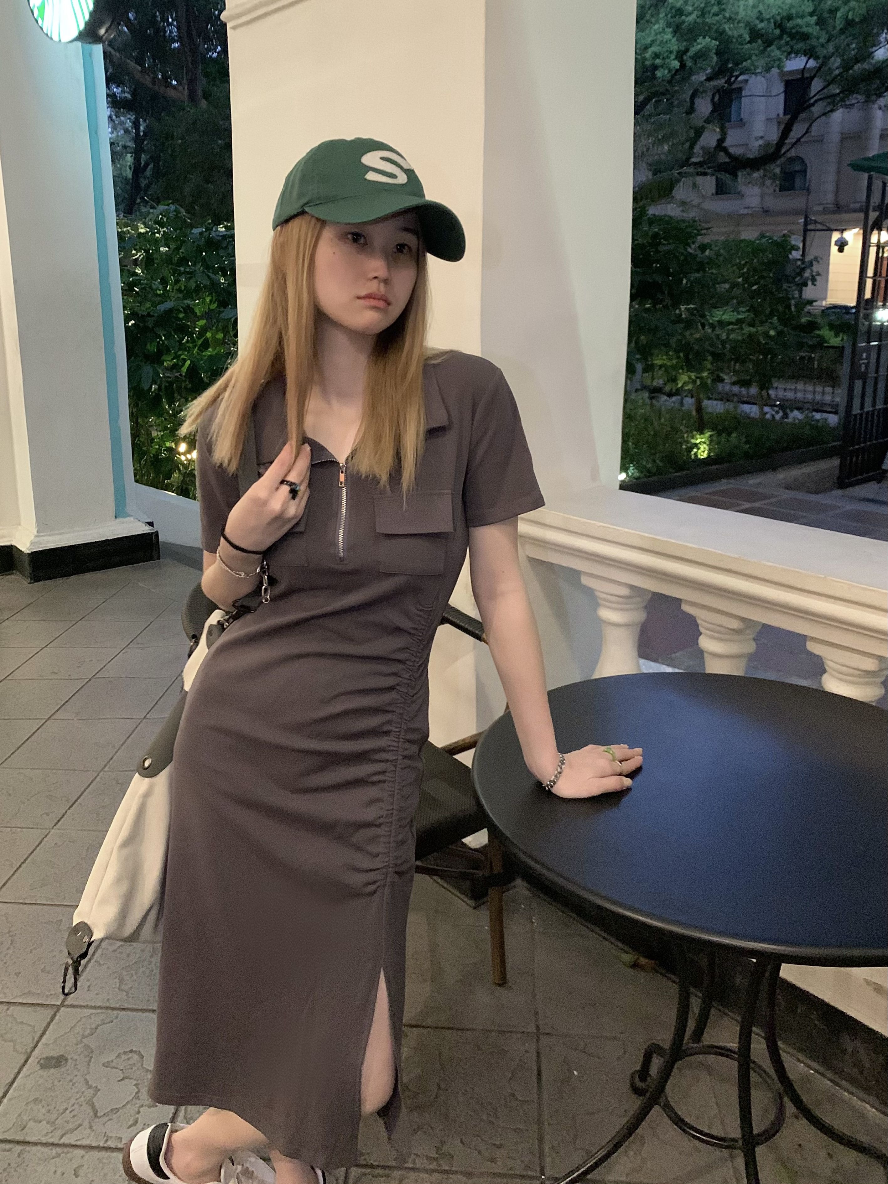 MY16117#大码半拉链Polo领抽绳收腰显瘦连衣裙女复古风休闲简约包臀...