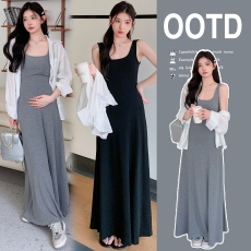 批发实拍 孕妇2025秋季新款吊带连衣裙+衬衫时尚潮辣妈两件套8243