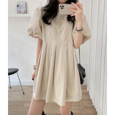 批发韩国chic夏季园领泡泡灯笼袖百褶连衣裙