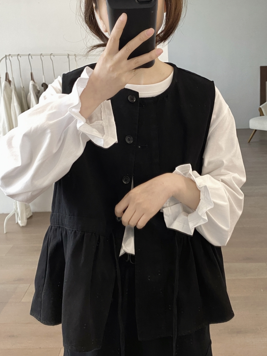 면 소재 조끼 재킷 여성 봄 가을 새로운 루즈핏 슬림해 보이는 연령 감소 라운드 넥 프릴 작은 대중 디자인 센스 맨위