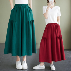 批发新款夏季宽松简约松紧腰阔腿裤纯色九分裤大码女装裤子