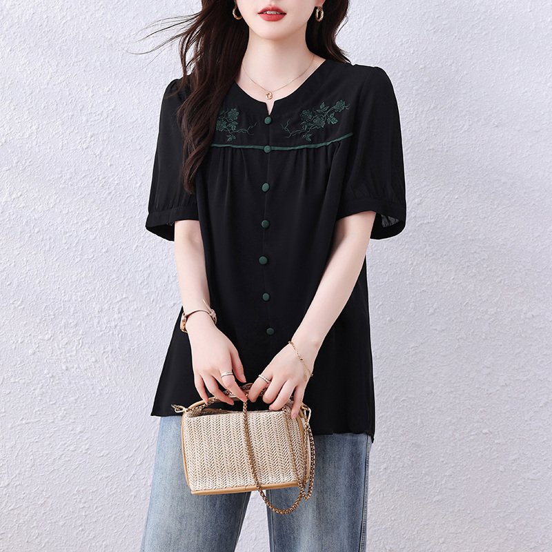 실사 지방 mm 루즈핏 슬림해 보이는 쉬폰 티셔츠 맨위 비료 추가 증가 Chic 자수 표지 배 다용도 반팔 셔츠