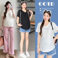 批发实拍新款V领孕妇上衣宽松大码百搭孕妇棉T恤