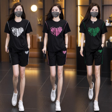 批发2025夏季新款休闲时尚印花大码卫衣拼接天丝罗马两件套