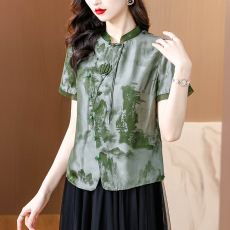 批发国风真丝上衣女短袖春季新款时尚气质<b class='q'>妈妈装</b>年轻款衬衣时尚2026