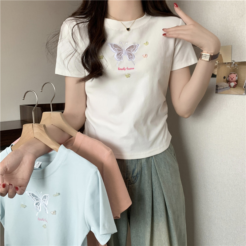 LN33596# 夏季小个子刺绣蝴蝶修身显瘦设计短袖T恤女 服裝批發女裝批發服飾貨源