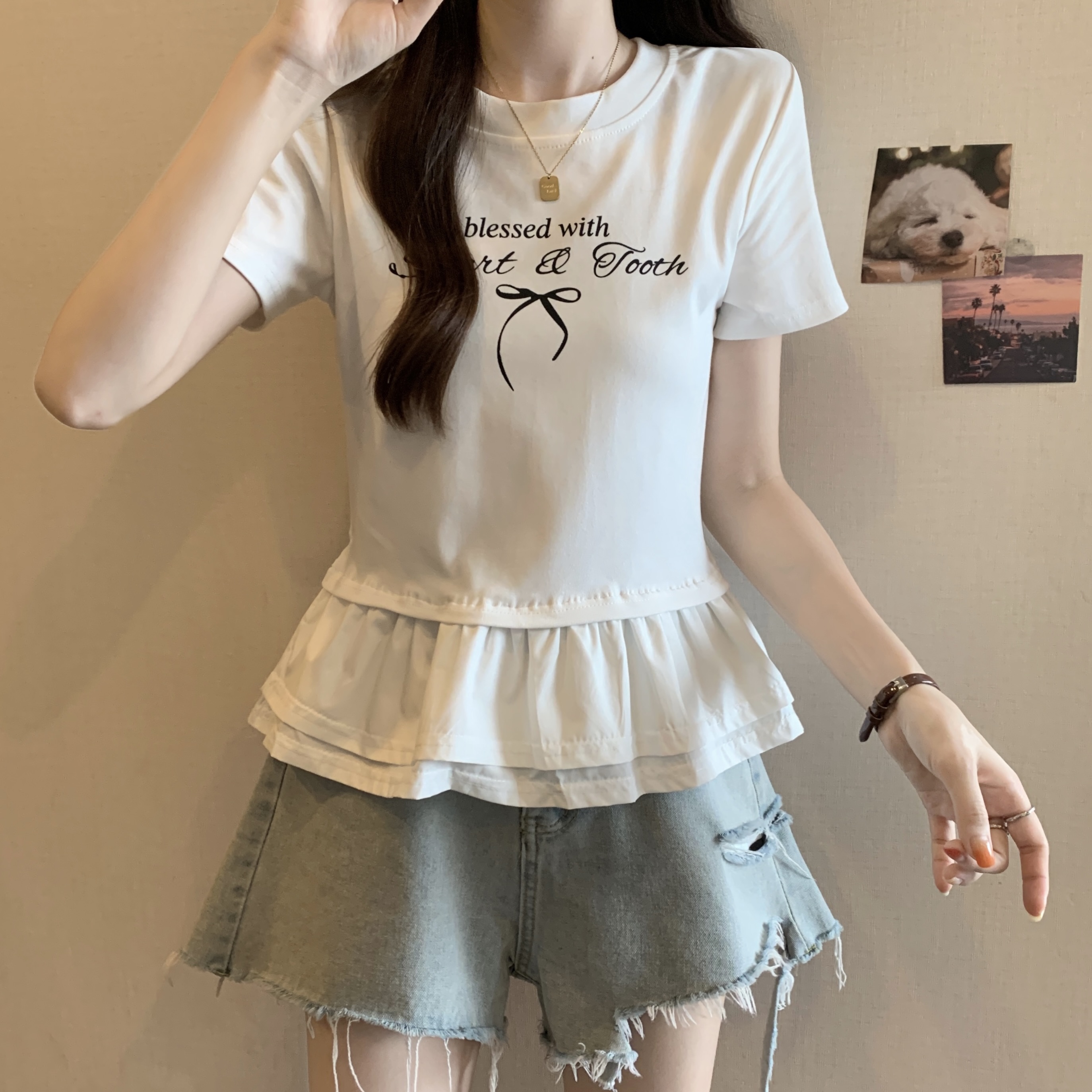 LN32211# 韩系小众少女蝴蝶结字母印花圆领短袖T恤 服裝批發女裝批發服飾貨源