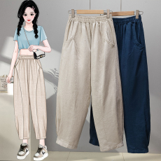 批发实拍<b class='q'>大码</b>亚麻哈伦裤萝卜裤女裤胖妹妹麻裤女款宽松小脚休闲裤