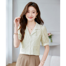 批发条纹<b class='q'>衬衫</b>女西装领简约质感贴袋设计感2026年夏季新款上衣